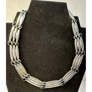 Vintage Liz Claiborne, 3 Strand Silver Tone Onyx-Accented Choker Necklace 16”